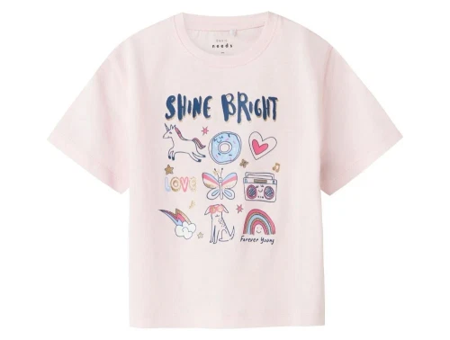 Lyserød  kortærmet t-shirt med print foran fra Name it lyseroed ballerinashine bright print 13241599